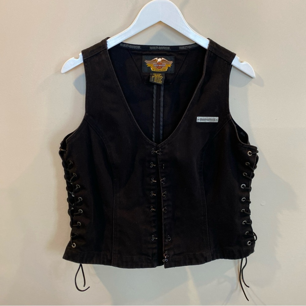Harley Davidson Denim Vest Black Lace Up Womens Large